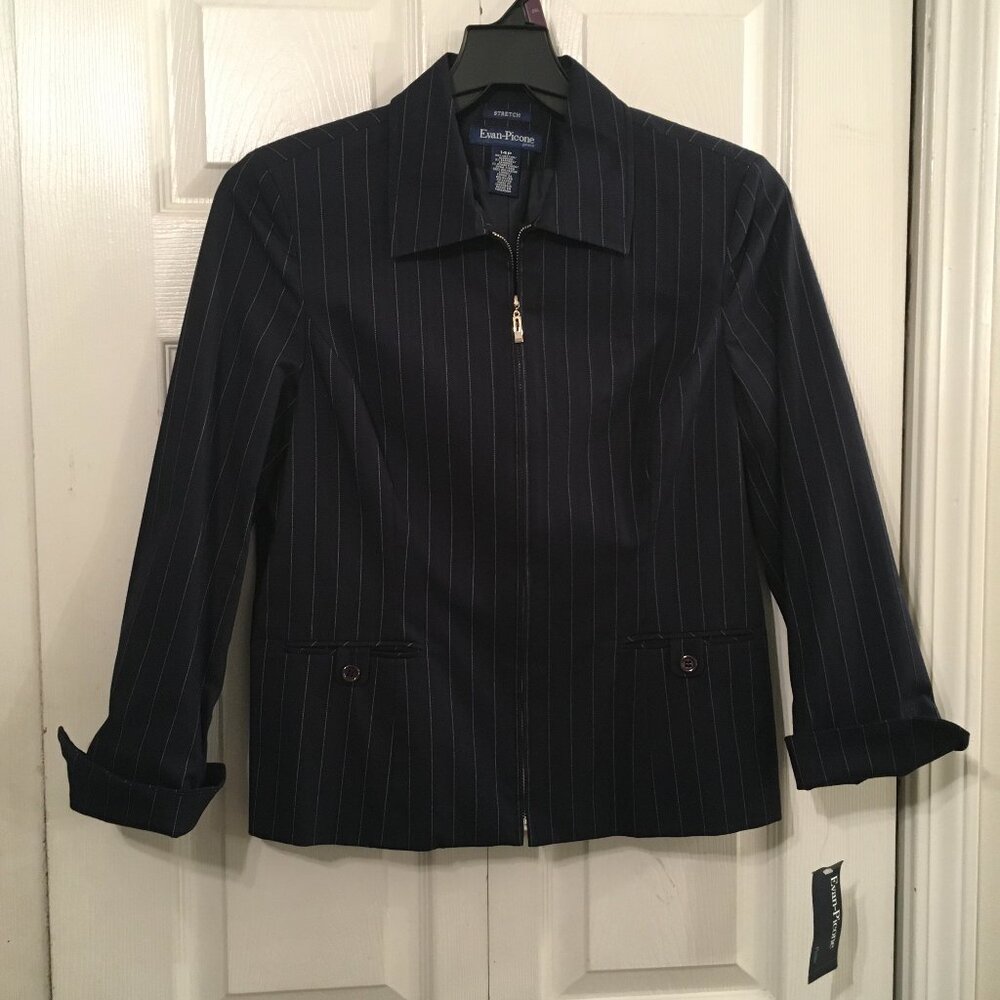 Evan Picone Navy/White Stripe Zip Front Blazer